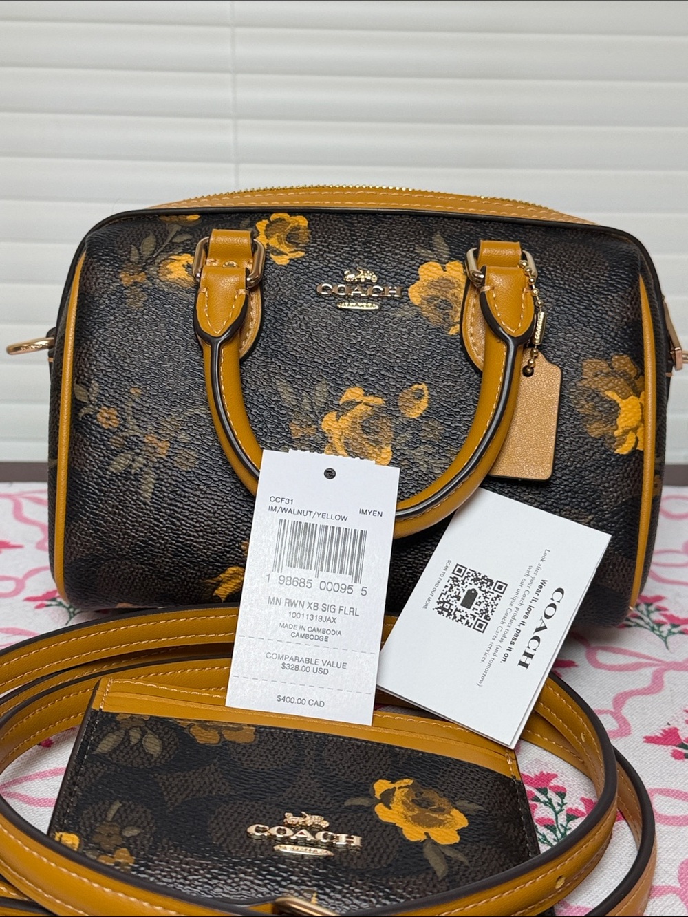 Coach Rowan Mini Brown Floral Print Small Satchel with Mustard Trim - Picture 6 of 6
